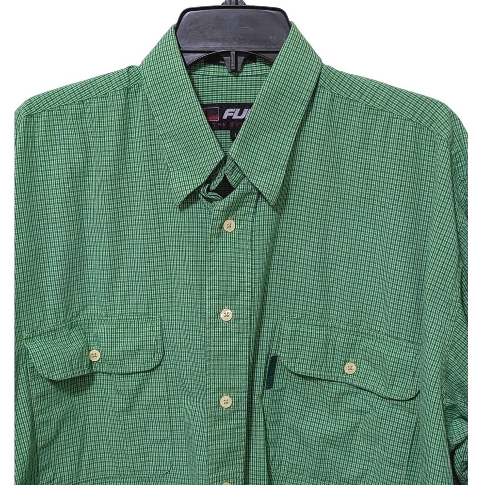 Vtg 90s FUBU The Collection Mens Long Sleeve Plaid Shirt L Green Multi Pocket